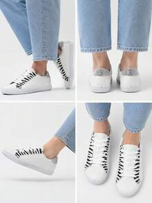 Women's Animal Print Sneakers. Sporty Style, Round Toe, Lace-Up Closure, Faux Leather, Shaded Sole, Textile Insole. - White - View 2