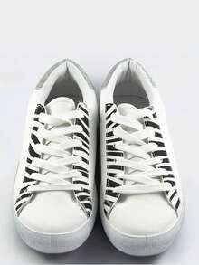 Women's Animal Print Sneakers. Sporty Style, Round Toe, Lace-Up Closure, Faux Leather, Shaded Sole, Textile Insole. - White - View 4