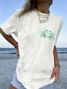 1pcsWomen's If Crabby Please Return To The Beach Salty Graphic T-Shirt 100% Cotton Double-Sided Print Oversized Casual Summer Tops |   Summer Clothes |   Vacation OutfitsSoft Whale Shark Isaiah 43:2 Bible Verse Ocean Print Casual Summer T-Shirt  Summer Tops - 白色 4 - 查看 2
