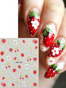 2 pezzi Adesivi per unghie a rilievo 5D a forma di fragola, decalcomanie per unghie estive con frutta e fiori carini e freschi, eleganti toppe autoadesive per unghie con motivi floreali, accessori per la decorazione fai-da-te del design delle unghie estive - Multicolore - Visualizzare 3