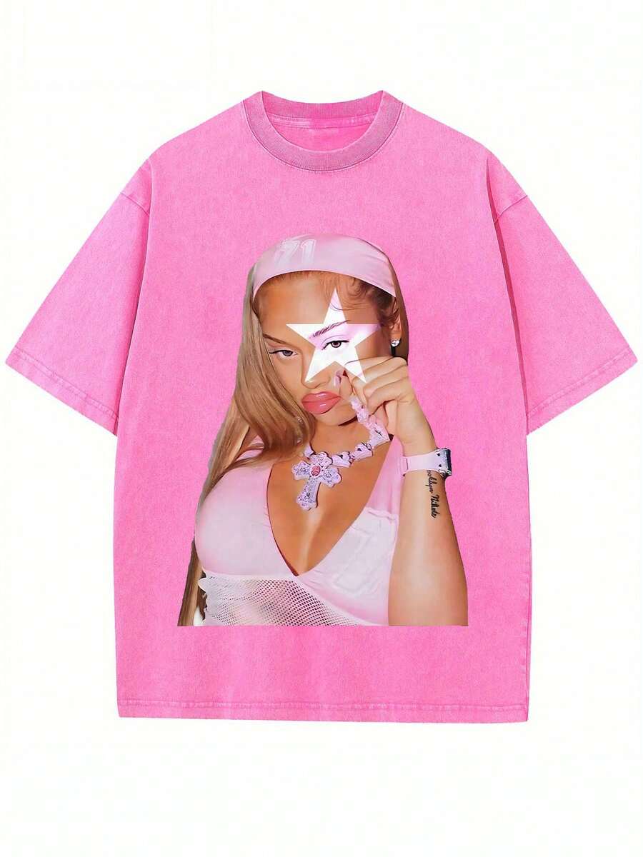 Casual Pink T-Shirt For Women, Cotton Short Sleeve Round Neck Tee, Stylish Oversized Fit For Streetwear Looks - 玫紅色 - 查看 1
