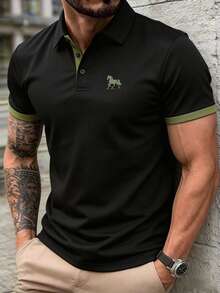 1件男士夏季對比領馬匹印花 Polo 衫，冰絲快乾透氣商務休閒通勤上衣 - 黑色 - 查看 1