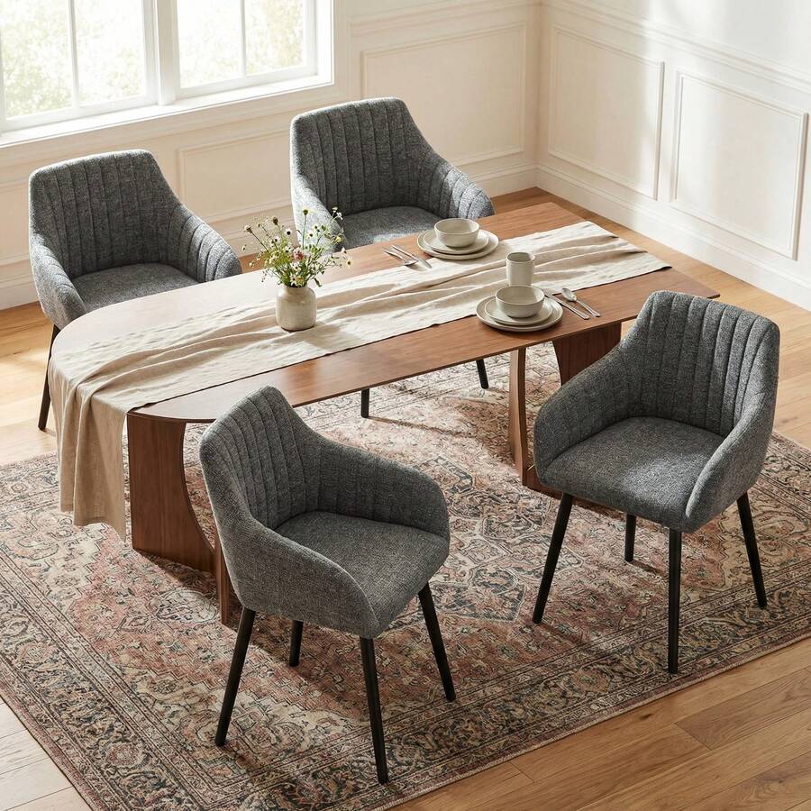 Goeurvant Modern Vertical-Stripe Upholstered Dining Chairs With Armrests And Solid Wood Legs For Dining Room, Kitchen, Living Room - Set Of 2 / Set Of 4 / Set Of 6--Grey Green-Chenille - 灰綠色 - 查看 1