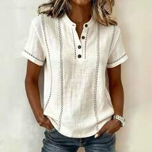 2026 Summer Loose Casual Printed Button Stand Collar Short Sleeve Women's Shirt - White - View 3