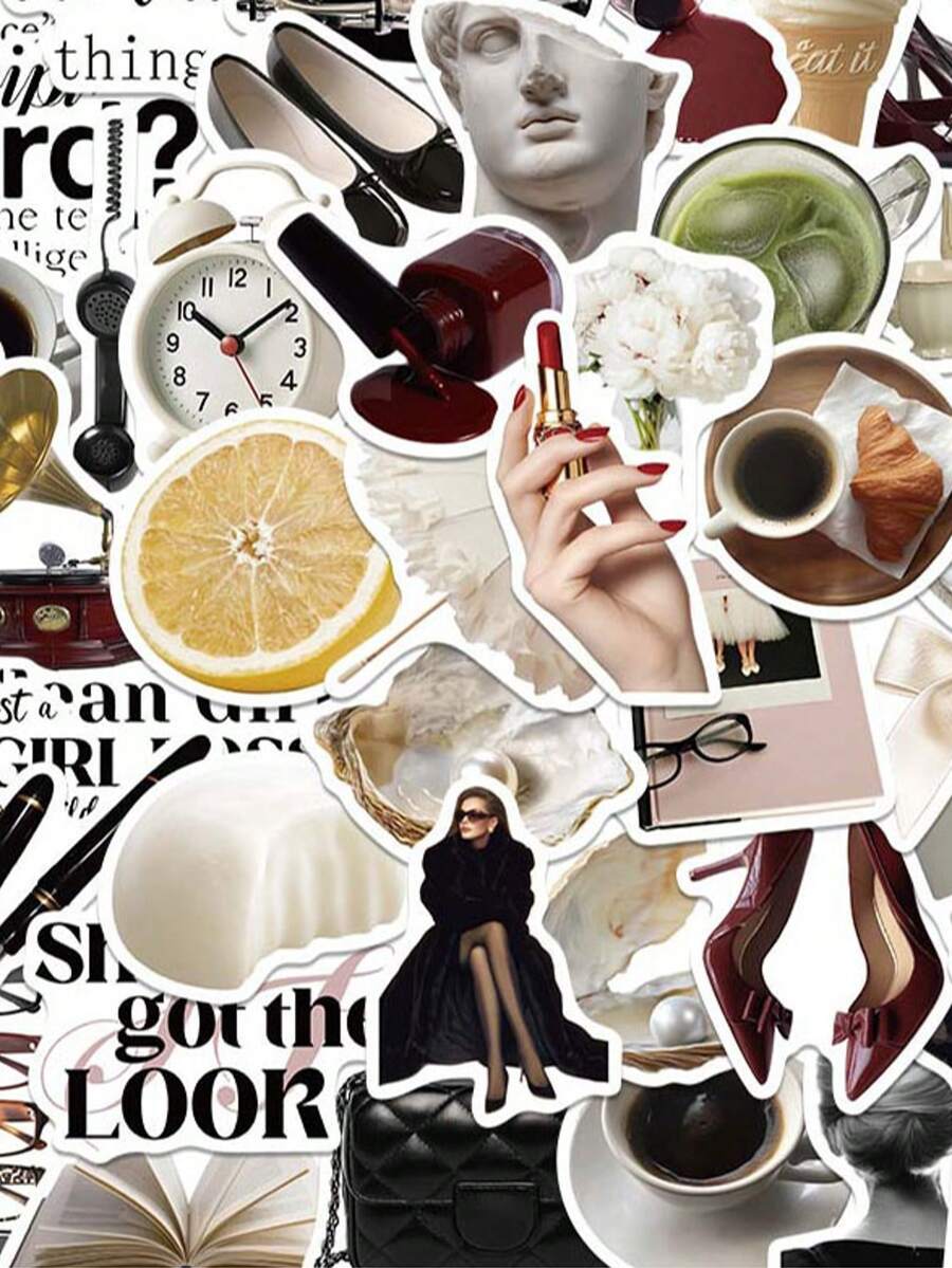 60pcs Y2K Style Black & White Sticker Set, Suitable For Laptops, Skateboards, Water Bottles, Notebooks, Waterproof And Durable, Aesthetic Design - Hot Pink - View 1
