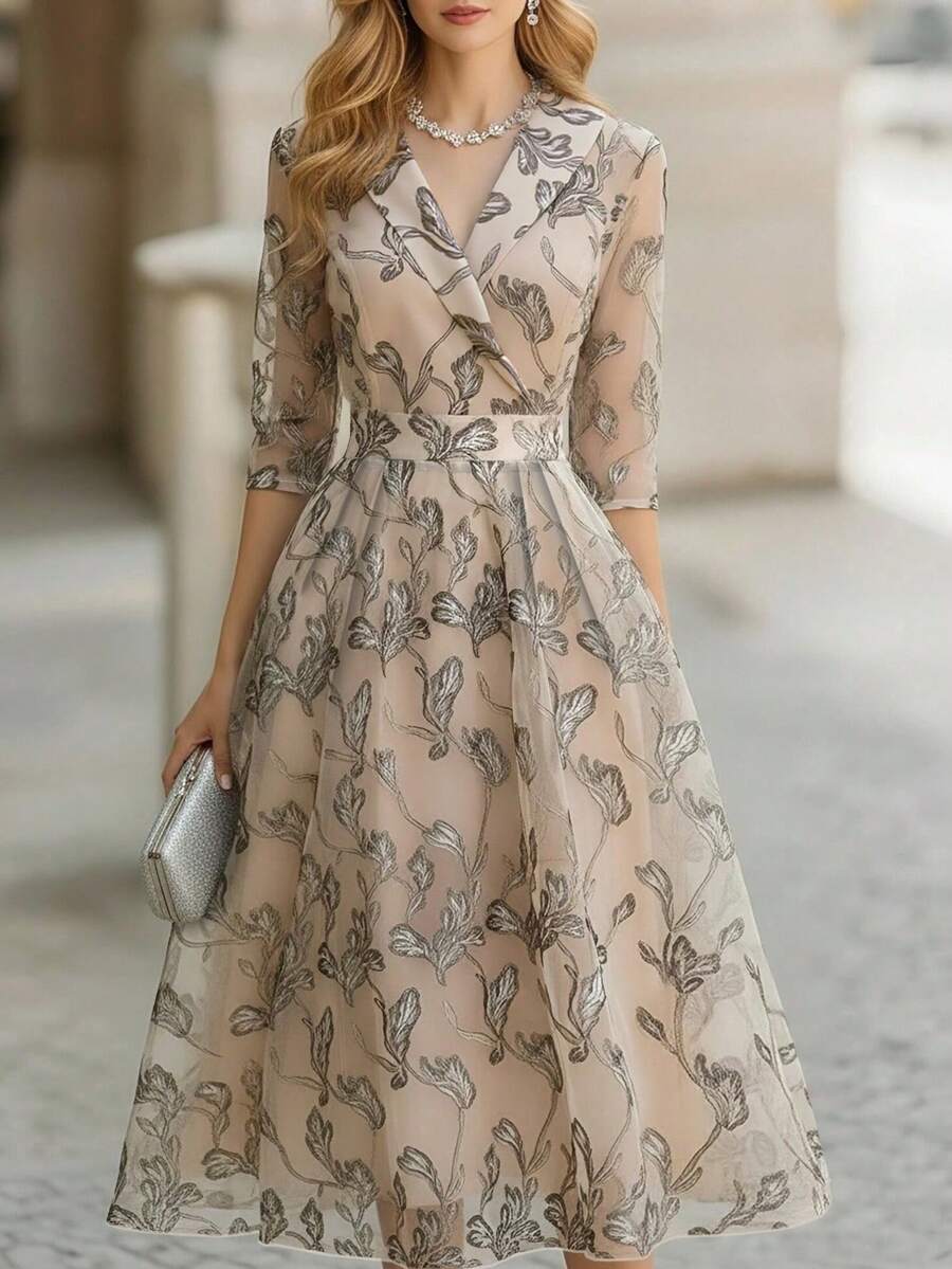 Vestido formal largo con estampado de hojas elegante para mujer, primavera/otoño - Multicolor 4 - Ver 1