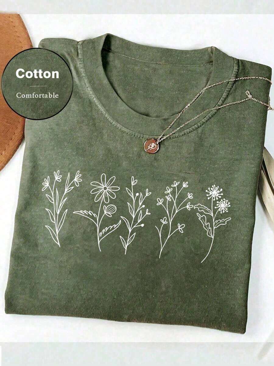 Women Floral Print Crew Neck Loose Casual T-Shirt, Short Sleeve Cheap Clothes Camiseta 100 Percent Cotton Clothing Women - 橄欖綠 - 查看 1
