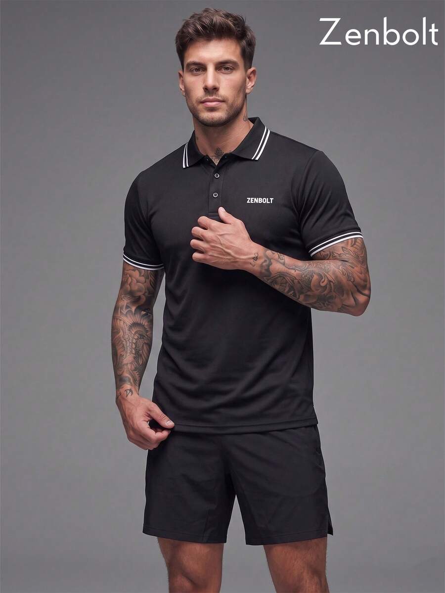ZULIZ Camisa polo masculina Zenbolt de manga curta com gola em cores contrastantes e estampa do logotipo na frente, modelo casual. - Preto - Ver 1