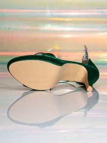 Women's New Dark Green Satin Rhinestone Buckle Design Round Toe Tapered Heel High Heel Sandals, Party Date Evening Dress Shoes - Dark Green - View 6