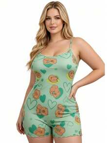 Plus Size Short Strappy Pajama Set, Premium Style, Blogger Style, Casual, Printed, Sleepwear - Green - View 3