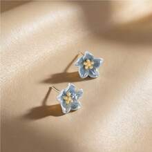 1 Pair Blue Camellia Stud Earrings For Women, Silver Needle, New Niche High-End Sweet Elegant Versatile Ear Jewelry - Blue - View 6