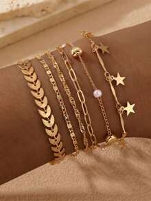 Fashionable Minimalist Rhinestone Star & Heart Pendant Chain Bracelet Set For Women, Suitable For Daily Wear, Dating, Party, Gold Jewelry Accessory, Small Gift For Female Friends (Material Is Iron, Please Avoid Contact With Water To Prevent Rust) - 6 Star Pendants - View 6