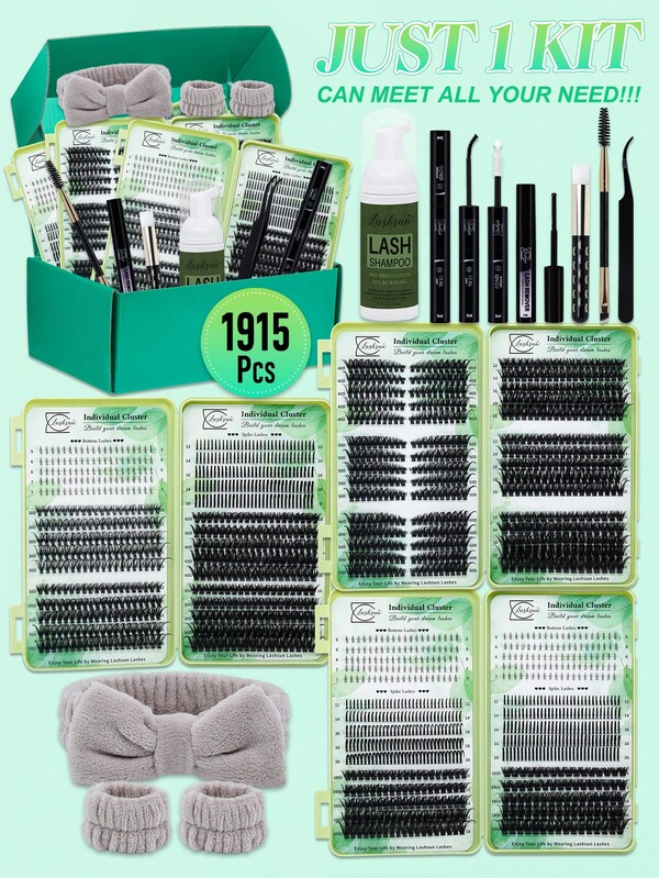 Lashsun 1915 Pcs Large Capacity Lash Set, D Curl 11 Styles Cat/Volume/Spiky/Bottom Lashes Kit With Bond&Seal Remover Brush Tweezers Headband Wristband Set Lash Shampoo, Perfect For Beginners&Proficient, DIY At Home Easily, Easy Apply For Makeup Daily