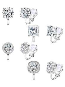 Yanxyad 1/4 Set Clip-On Earrings No Piercing Fake Earrings Square Zirconia Knot Jewelry Set Women Wedding Dance Gift - Silver - View 1
