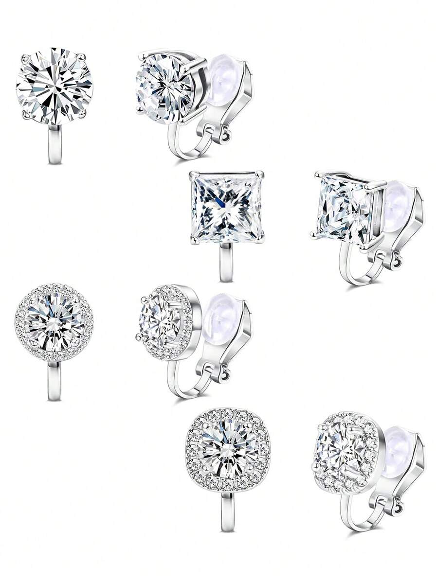 Yanxyad 1/4 Set Clip-On Earrings No Piercing Fake Earrings Square Zirconia Knot Jewelry Set Women Wedding Dance Gift - Silver - View 1