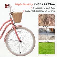 24-Inch Rear Shelf Cruise Car With Wicker Basket, Single-Speed Commuter Bike, Comfortable City Off-Road Vehicle With High Carbon Steel Frame. Suitable For Outdoor Cycling, Green Pink Peach Pink Optional, Retro High-Value Girl Bike, Enjoy A Comfortable Slow Life. - Peach Pink - View 7