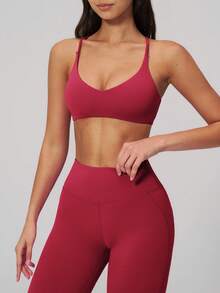 NcmRyu Women's One Set Solid Color V-Neck Multi-Strap Crisscross Back Hollow Out Backless Sports Bra High-Waist Flare Pants Sports Set - Red - View 9
