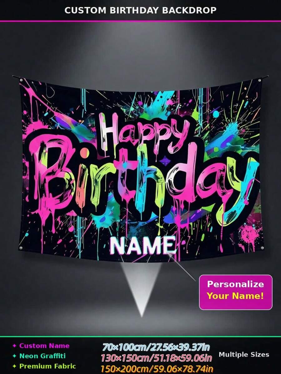 Customized Name Neon Graffiti Birthday Backdrop, Personalized Glowing Night Light Party Banner, Aesthetic Vintage Street Art Splatter Photo Background, Suitable For Boys And Girls, Punk Style, Birthday Banner, Birthday Decoration, Reusable Premium Fabric Poster (Multiple Sizes)