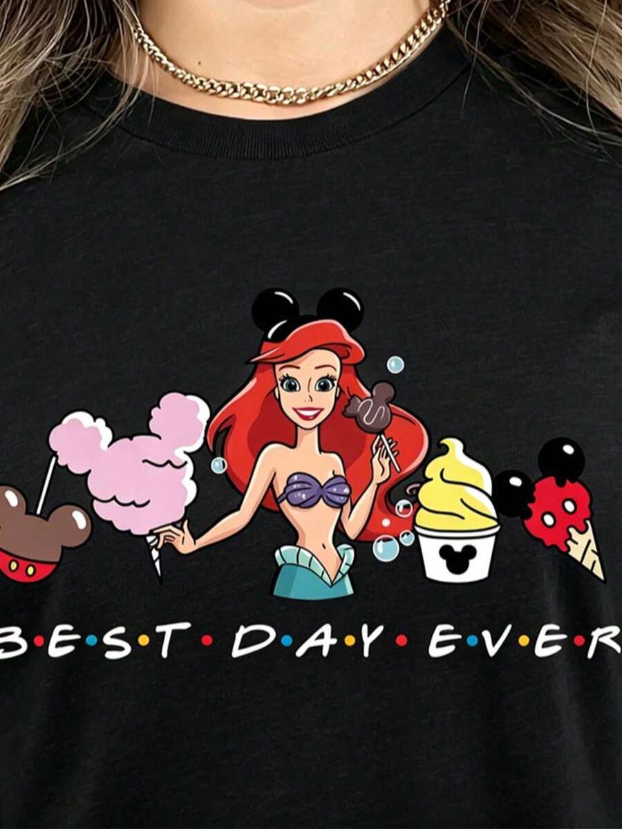 Disney T-Shirt Disney Mermaid Princess Ariel Casual Tee Oversized Ultra Loose 100% Cotton For Women, Suitable For Daily Outings & Summer Casual Wear - 黑色 - 查看 1