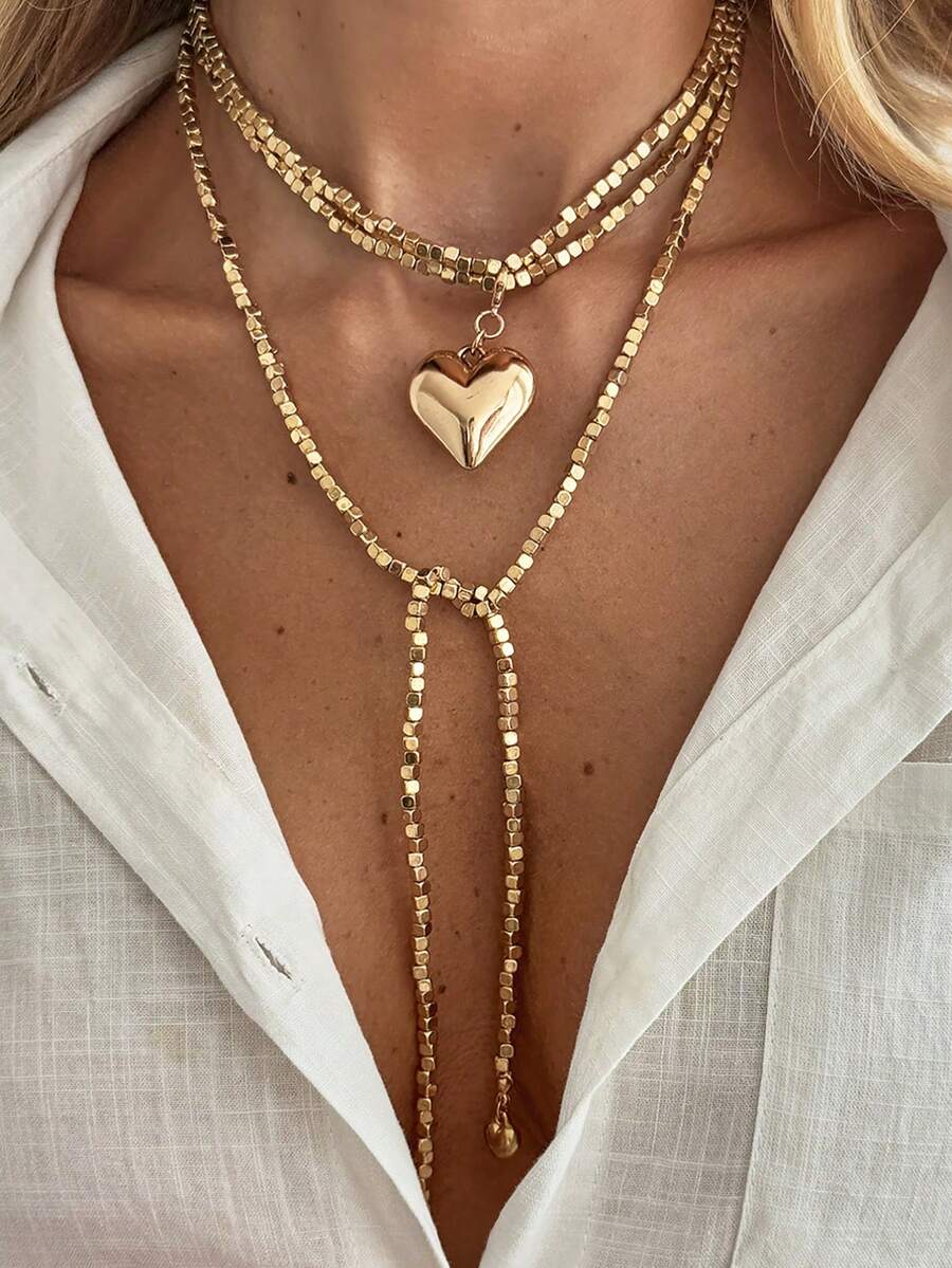 1pc Minimalist Heart Pendant Long Necklace, Sweet Square CCB Bead Choker Necklace Accessory, Suitable For Women's Daily Commute, Dating, Shopping, Party, Best Valentine's Day Gift (CCB Resin Non-Metal Material, Purchase With Caution) - Yellow Gold - View 1