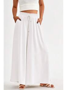 [Free Shipping]Women Wide Leg Pants Casual High Waist Floral Palazzo Pants For Women Flowy Lounge Boho Beach Trousers Pockets Women's Wide Leg - 白色 - 查看 2