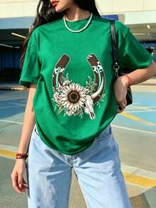 Women's Printed T-Shirt, Lightweight, Breathable, Comfortable, And Versatile. 100% Cotton, Cool And Airy, Machine Washable. Stylish Summer Wear With A Modern, Urban Feel. - 綠色 - 查看 1
