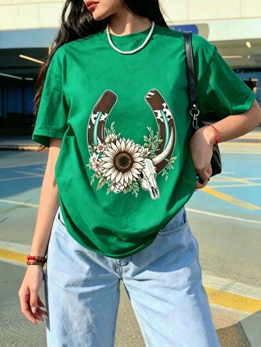 Women's Printed T-Shirt, Lightweight, Breathable, Comfortable, And Versatile. 100% Cotton, Cool And Airy, Machine Washable. Stylish Summer Wear With A Modern, Urban Feel. - 綠色 - 查看 1
