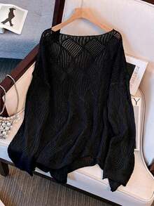 Women's V-Neck Hollow Rhombus Design Loose Knit Cover Up, Airy And Breathable For Beach/Resort Wear, Spring/Summer Vacation - Black - View 2