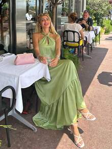2026 HoloChill Women's Casual Sleeveless Halter Neck Maxi Dress, Summer Casual New Arrival, Elegant Backless A-Line Long Dress, Sleeveless Green Woven Fabric, Regular Hem, Creating Fashionable Casual Look, Women's Summer Dress, Holiday Dress, Elegant Party Dress, Women's Beach Dress, Wedding Guest Dress, Women's Birthday Dress, Women's Elegant Dress, Women's Beach Vacation Outfit, Women's Casual Dress - Mint Green - View 7