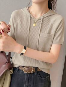 Light Apricot Hooded Drawstring Ribbed Knit Top, Young Women's Casual Short Sleeve Blouse, Raglan Sleeve Design Slimming Fit Summer - Khaki - View 7