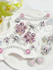 16/14pcs Silver Base Pink Rhinestone Chain Shoe Charms, Bow Heart Four-Point Star Flower Detachable DIY Accessories, Fit Perforated Sandals And Slippers, Holiday Gift - Multicolor - View 5