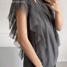 Yunuo Menswear  Camiseta de moda de verano para mujer con cuello redondo, parches de malla en capas y holgada sin mangas - Gris Oscuro - Ver 3