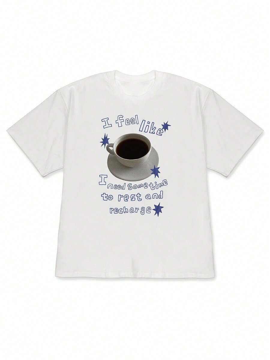 Cute Y2K Summer Top. 1 Pack. Cute Y2K Summer Top. 100% Cotton. Women's Casual Short-Sleeved T-Shirt With A "Coffee Cup + Phrase + Stars" Design, Embodying A Relaxed And Aesthetic Style. This Comfortable And Skin-Friendly T-Shirt Is Perfect For Those Who Prefer A Relaxed Style For Everyday Outings. Ideal For Casual Wear.