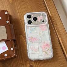 Funda de teléfono de moda creativa con purpurina, estrella y patchwork de lirio rosa compatible con Apple 17 Pro Max, 16 Pro Max, 15 Pro, 14, 13, funda de teléfono linda para niñas, cubierta protectora para niños y niñas, funda de teléfono de primavera/verano, regalo de cumpleaños, regalo de vacaciones - Rosa Pálido - Ver 6