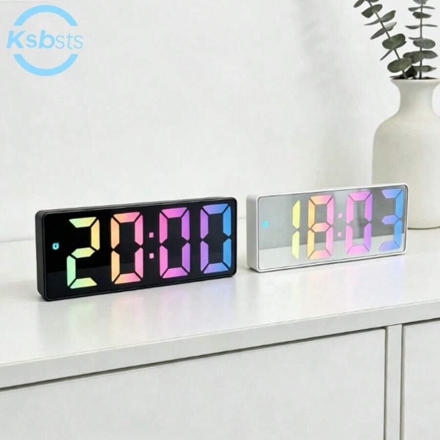 Large Modern LED Digital Clock With Date And Temperature Display - White Frame With Black Mirror Dial, 12/24 Hour Mode, Snooze Function, Battery/DC Powered (AAA Batteries Not Included) - Bedside Clock, Suitable For Office - Digital Alarm Clock Radio