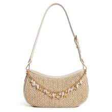 Women's Woven Crossbody Bag, Bohemian Style Raffia Backpack With Charming Chain, Adjustable Strap For Summer Beach Vacations - 杏色 - 查看 1