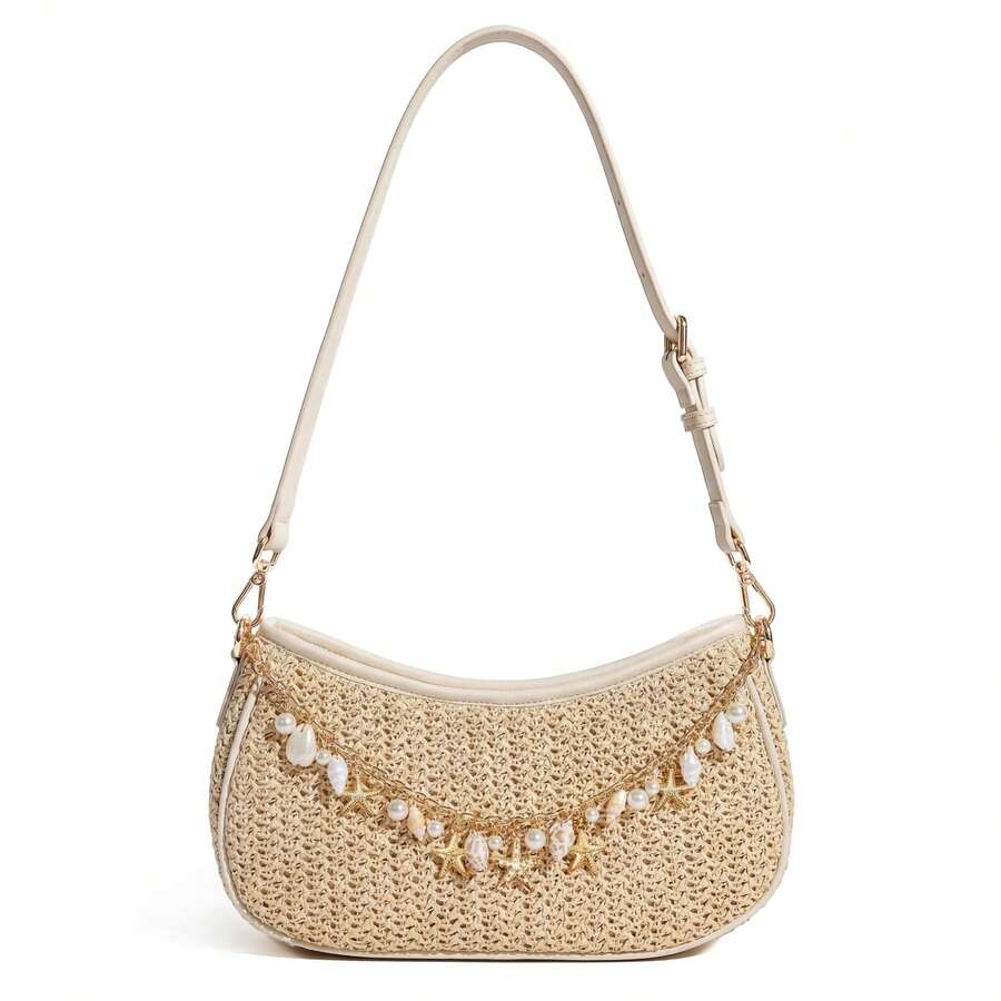 Women's Woven Crossbody Bag, Bohemian Style Raffia Backpack With Charming Chain, Adjustable Strap For Summer Beach Vacations - 杏色 - 查看 1