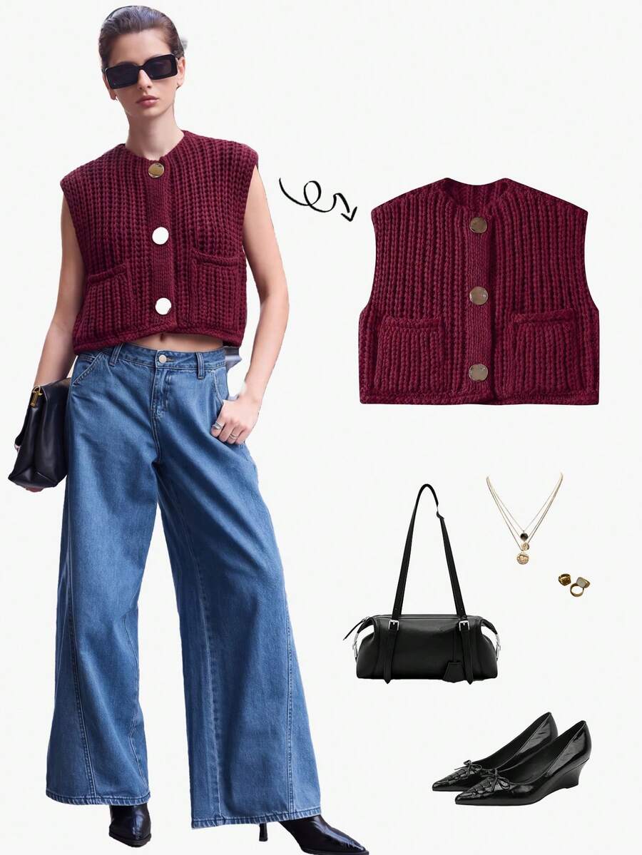 Women's Solid Color Knitted Pocket Decor Thick Knit Vest - Red Violet - View 1