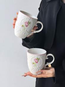 1件法式復古浮雕玫瑰陶瓷咖啡杯，陶瓷馬克杯，宮廷浮雕設計茶杯，適用於薄荷茶、拿鐵、濃縮咖啡、美式咖啡、卡布奇諾，適合居家、咖啡廳、辦公室使用 - 彩色 - 查看 5