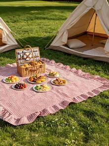 1pc Charming Red & White Plaid Rectangular Picnic Blanket - Woven Viscose Tablecloth With Lace Trim For Wedding Season, Vacation Season, Winter Camping, Beach Outings, Photography Backdrop And Picnic Accessories - Red Plaid - View 3