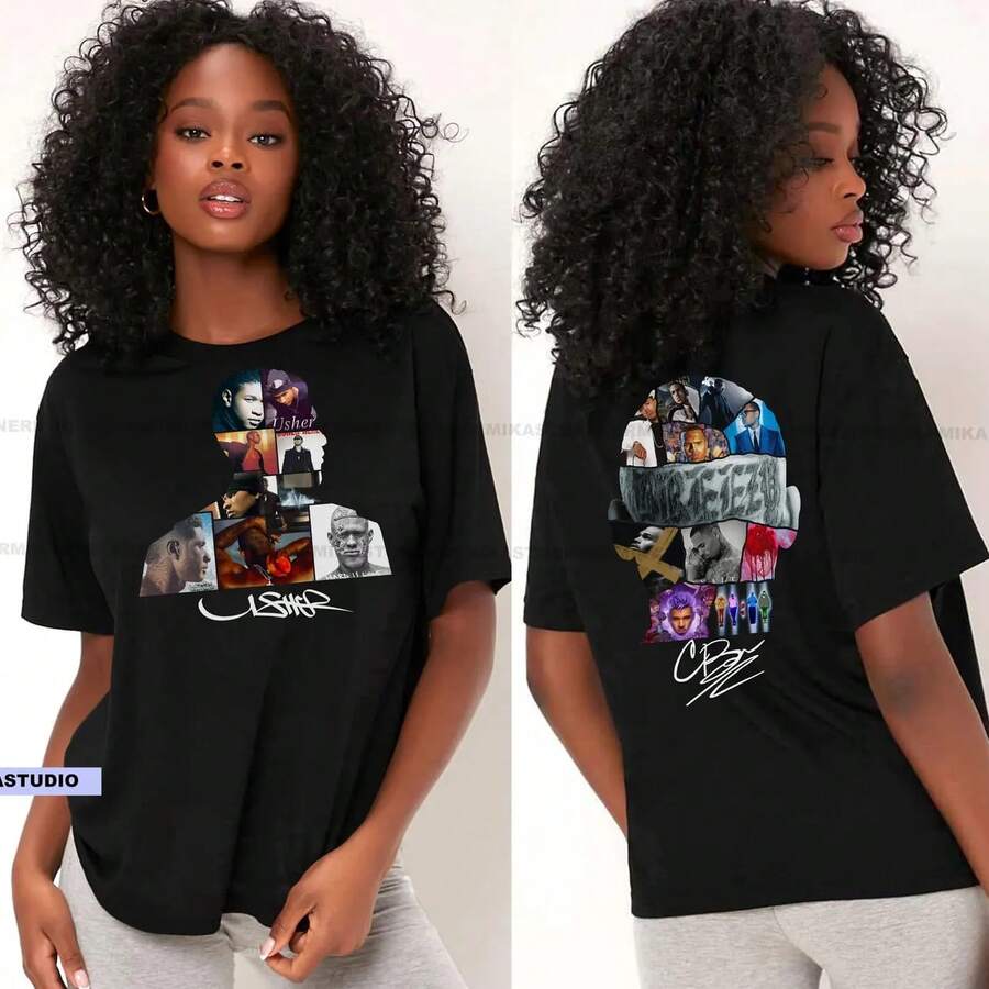 Usher Raymond And Chrisa Brown R&B Tour Backprint Shirt Fan Concert Merch - Black - View 1