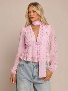 Blusa elegante con volantes desmontables de gasa de color crema y hilo de plata, adecuada para ir al trabajo, citas y uso diario en primavera/verano - Rosa - Ver 1