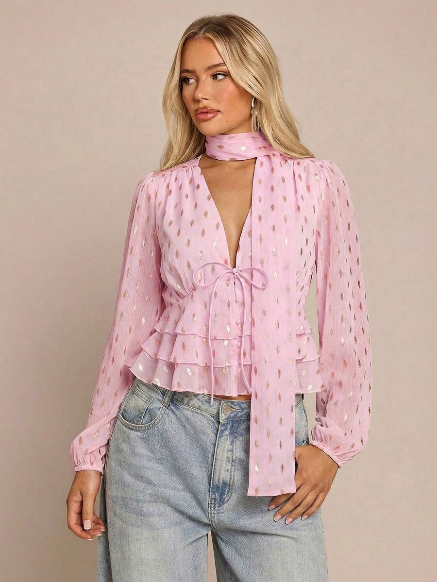 Blusa elegante con volantes desmontables de gasa de color crema y hilo de plata, adecuada para ir al trabajo, citas y uso diario en primavera/verano - Rosa - Ver 1