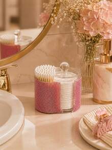 1pc Cotton Swab & Pad Holder With Lid, 2-Compartment Clear PS Bathroom Organizer For, Cotton Pads & Vanity Essentials, Rhinestone Or Clear Style Available, Multiple Color Options - View 3