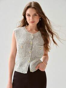 2026 Chaleco de punto con botones gris mezcla, estilo romántico casual para mujer, ropa de mujer primavera/verano romántica, dulce y elegante para el Día de San Valentín, vacaciones, citas dulces, uso diario y vacaciones en otoño/invierno - Gris Claro - Ver 1