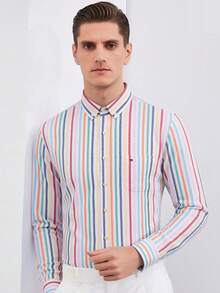 Audmroton Men's Plaid Striped Button Down Shirts Spring Fall Cotton Long Sleeve Oxford Dress Shirts With Pocket - 彩色 - 查看 2