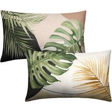 2pcs Summer Tropical Deciduous Pillowcases, Monstera Palm Leaf Waist Cushion Covers, Green Banana Leaf Plant Outdoor Rectangular Pillowcases, Living Room Sofa Single-Sided, Without Pillow Insert - Green - View 1