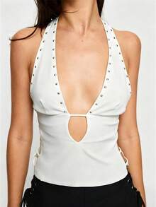 Womens Rivets Studded Halter Neck Plunge Cami Top Self-Tie Spaghetti Straps V-Neck Cut Out Front Crop Tank Top Camisole Vest Y2K Streetwear Party Tops - F217030-白色 - 查看 1