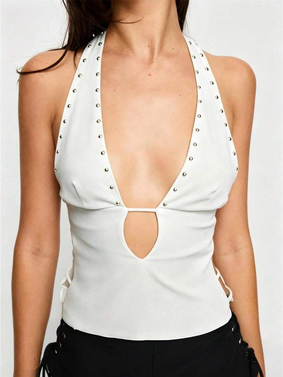 Womens Rivets Studded Halter Neck Plunge Cami Top Self-Tie Spaghetti Straps V-Neck Cut Out Front Crop Tank Top Camisole Vest Y2K Streetwear Party Tops - F217030-白色 - 查看 1