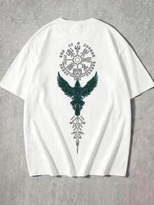 FRACTYR Men's Summer Casual Street Style Washed Black T-Shirt, Nordic Mythology Rune Print, Loose Fit Graphic Round Neck Short Sleeve Tee - White - View 4